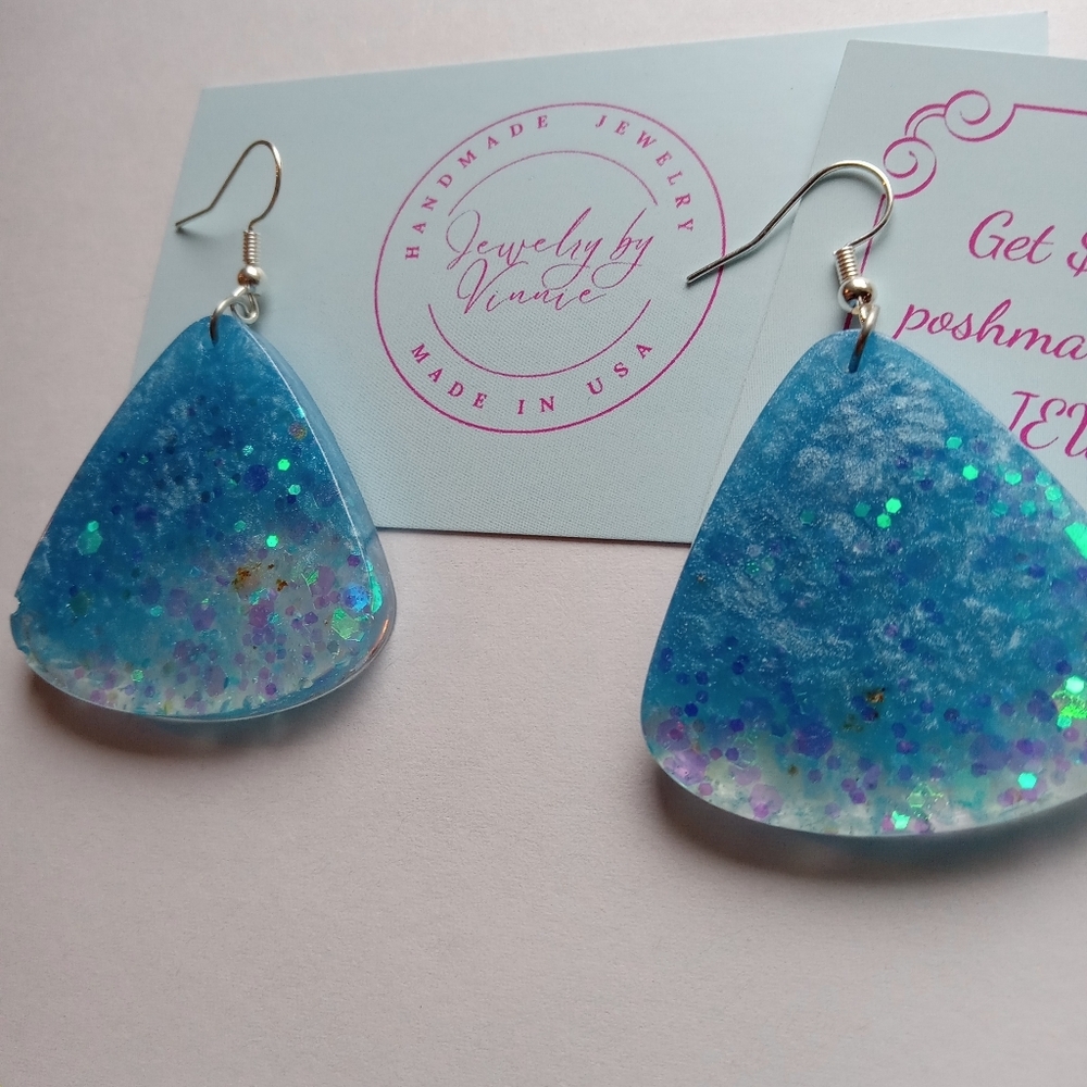 Hand Crafted Blue Glitter Earrings - Picture 4 of 5
